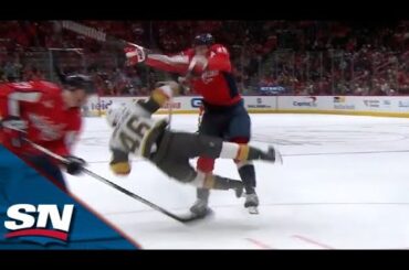 Capitals' Dylan McIlrath Trucks Golden Knights' Jonas Rondbjerg, Drops Gloves With Keegan Kolesar