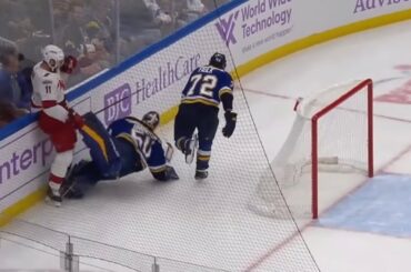 Jordan Binnington Attempts To Hit Jordan Staal