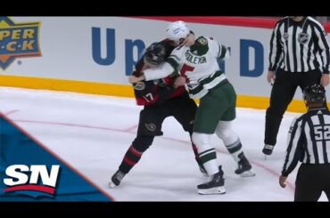 Senators' Zack MacEwen and Wild's Jake Middleton Drop Gloves in Front of Raucous Stockholm Crowd
