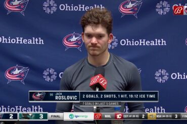 Jack Roslovic post game presser after scoring two goals in loss to Sharks