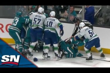 Chaos Ensues Between Canucks And Sharks After Massive Blind Side Hit On Pettersson