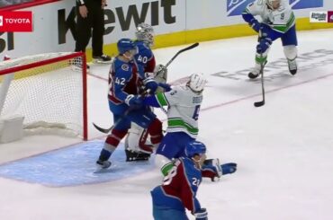 Josh Manson assessed a five-minute major and game misconduct penalty for cross checking Brock Boeser