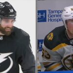 Pat Maroon And Brad Marchand Chirp Each Other Between Whistles