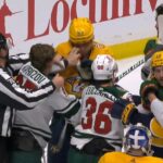 Стычка в матче Minnesota - Nashville / Minnesota Wild Vs Nashville Predators Scrum 01/12/2023