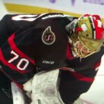 Joonas Korpisalo warms up during the Panthers @ Senators hockey game
