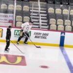 Pittsburgh Penguins injured defenseman John Ludvig on the ice 1/11/24 before the team’s AM skate.