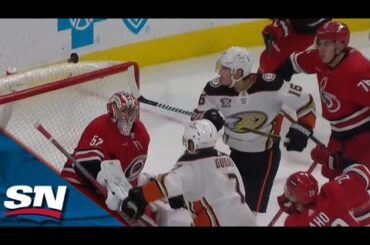 Ducks' Ryan Strome Shows Off His Hand-Eye And Bats In The Flying Puck In Front Of The Net