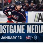 Ivan Provorov, Cole Sillinger, Daniil Tarasov and HC Pascal Vincent | Postgame Media (1/13/24)