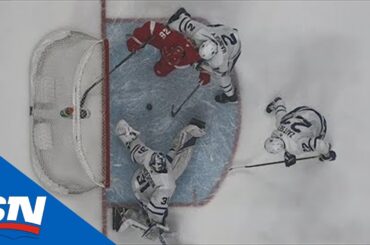 Frederik Andersen Gets Glove On Puck As It Is About To Cross Goal-line