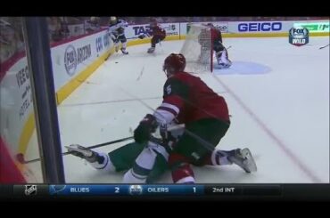 Connor Murphy gets stick caught in Jason Zucker's skates
