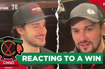 Cole Guttman & Petr Mrazek locker room reaction following win vs Sharks | CHGO Blackhawks