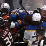 Peyton Krebs bumps John Gibson causing scrum