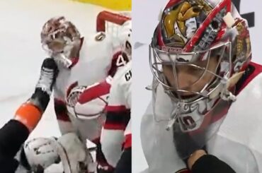 Mads Sogaard's mask saved his life after being hit by a skate from Jamie Drysdale