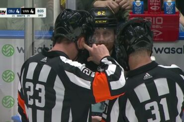 Tyler Myers 5 minute major + game misconduct for elbowing Sean Kuraly