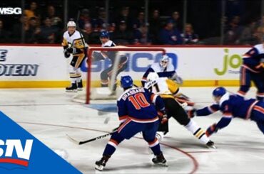 Evgeni Malkin Falling To Ice Swats Puck Past Thomas Greiss