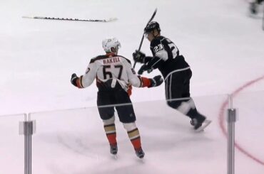 Brown tosses Rakell's stick after hit and mix-up