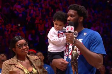 Joel Embiid Full Of Emotion As He Receives The Michael Jordan Trophy As The Kia NBA MVP! |#KiaMVP