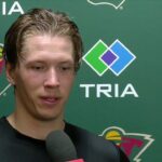 Matt Boldy reacts after win over Coyotes