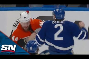 Maple Leafs' Simon Benoit Crushes Flyers' Cam York Before Fighting Nicolas Deslauriers