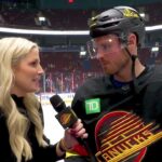 Sam Lafferty catches up with Kate Pettersen during warmups before taking on the Kings