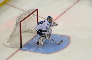 Niemi and Stalock during pre-game warm-up at the Sharks @ Senators hockey game