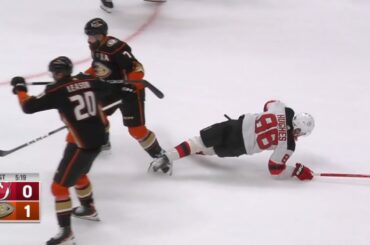 Lazar grabs Gudas from behind after big hit on Jack Hughes