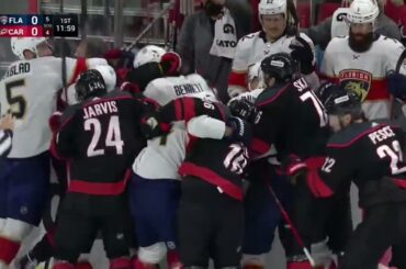 Scrum arises after Andrei Svechnikov hits Sam Bennett