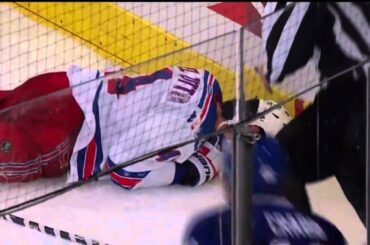 Luke Schenn hammers Artem Anisimov and David Steckel and Michael Del Zotto Collide [HD] {Dual-Feed}