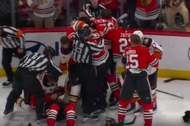 Gibson Tries Fighting Mrazek While Line Brawl in Ducks vs Blackhawks