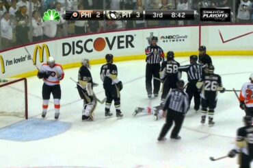 James van Riemsdyk battling Orpik. Philadelphia Flyers vs Pittsburgh Penguins 4/20/12 NHL Hockey