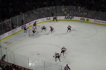 Laval Rocket's Arnaud Durandeau makes nice move but stopped by Belleville Senators' Kevin Mandolese