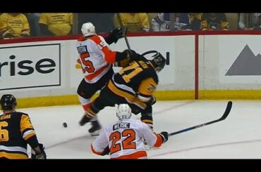 Malkin gets his leg tangled up with Lehtera, takes the worst of it