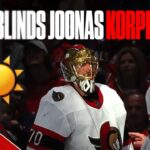 Sunlight bleeding onto the ice blinds Joonas Korpisalo at Capital One Arena