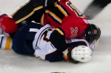 Sabres’ Beaulieu exits game after falling to the ice during fight with Flames’ Lazar