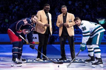 NFL Hall of Famers Anthony Muñoz and Orlando Pace join Boone Jenner for Ceremonial Puck Drop! 🏈