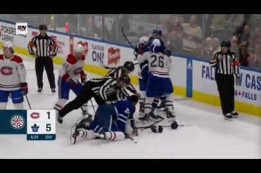Leafs and canadiens scrum after late cross check by edmundson