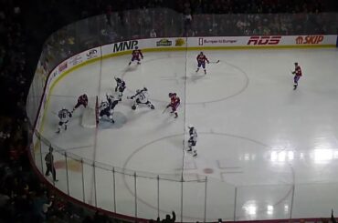 Syracuse Crunch's Waltteri Merelä saves a goal vs. Laval Rocket's Lias Andersson 4/5/24