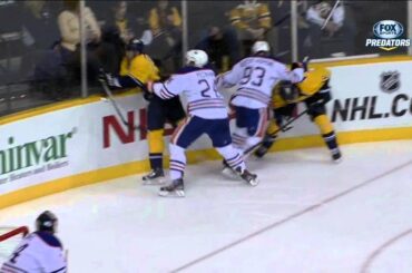 Patric Hornqvist injury in 2nd Mar 8 2013 Edmonton Oilers vs Nashville Predators NHL hockey