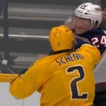 Luke Schenn goes after Mathieu Olivier for hit on Jaret Anderson-Dolan