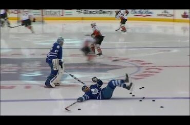 Nazem Kadri slips on a puck in warm ups