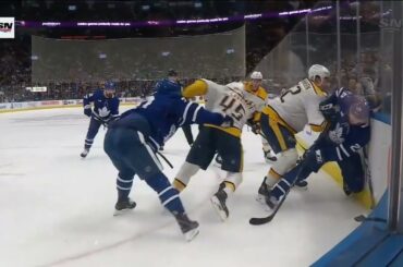 Hunt crosschecking penalty against Carrier