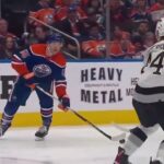 Dylan Holloway of the Edmonton Oilers scores a goal vs Los Angeles Kings Game 2 Round 1 24-04-2024