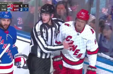 Evgeny Kuznetsov gets two minutes for cross checking Adam Fox in face in game 1 (5 may 2024)