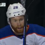 Connor Brown of the Edmonton Oilers scores a goal against the Calgary Flames 06-04-2024