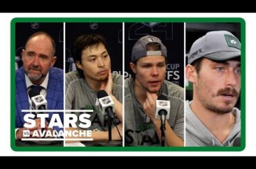 Pete DeBoer, Jason Robertson, Miro Heiskanen, Mason Marchment | Stars vs. Avalanche Game 2 postgame
