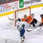 Carter Hart dives across to rob Goldobin with miraculous save