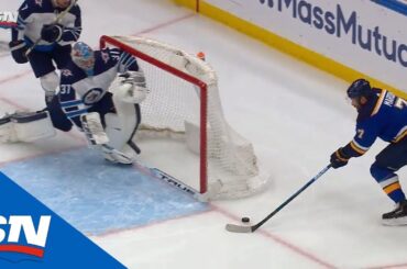Connor Hellebuyck Recovers After Huge Error, Then Brandon Tanev Silences Blues' Fans