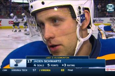 Jaden Schwartz pre game interview. St. Louis Blues vs Edmonton Oilers Feb 28 2015 NHL