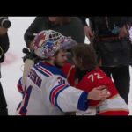 Sergei Bobrovsky shakes hands with Shesterkin and Panarin after the series (1 jun 2024)