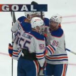 Dylan Holloway of the Edmonton Oilers scores a PP goal against the Colorado Avalanche 18-04-2024